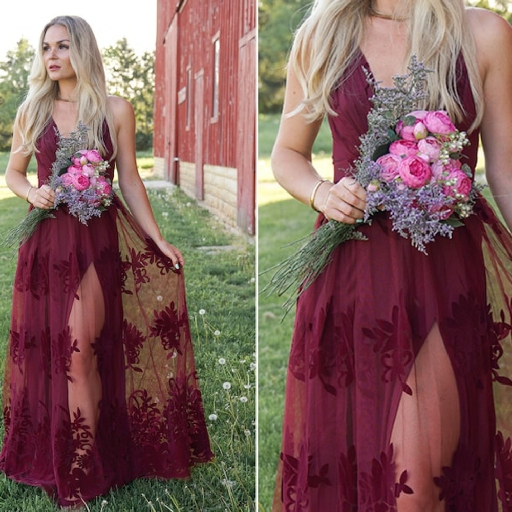 Boho Burgundy Dress, Lace Wedding Guest Dress, Bridesmaid Dress, Maxi Dress